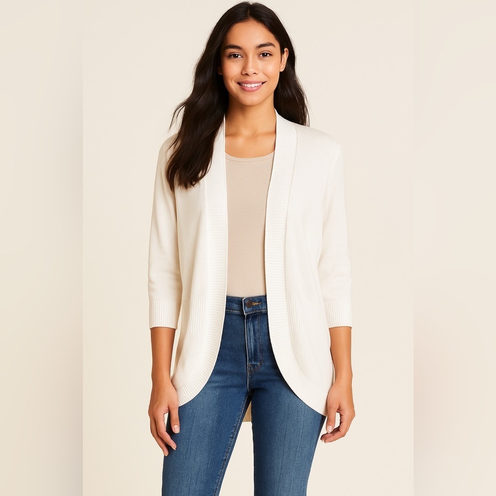 Covington Petite Open Front Cardigan Sweater White Knit Long Sleeve Size Large